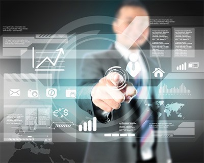Business Man Touching Digital Virtual Technology In The World